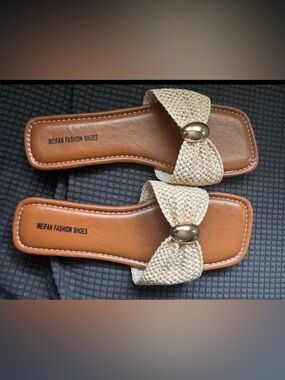 Woven Knot Slide Sandals in Beige